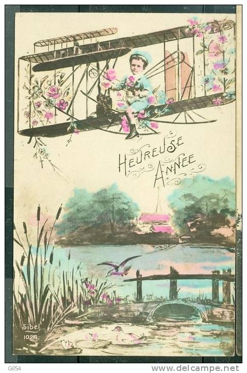 Carte Fantaisie " Heureuse Année " Enfant En Aéroplane   - Un40 - Autres & Non Classés