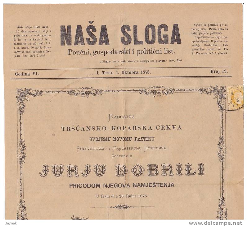NASA SLOGA  -  1875  --  TRIESTE, KOPER, SLOVENIJA, CROATIA  --  BISCHOF JURAJ DOBRILA - Zeitungen & Zeitschriften