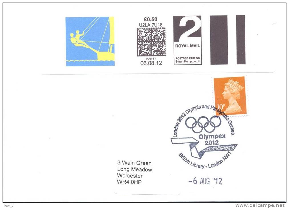 UK Olympic Games London 2012 Letter; Sailing Pictogram 2nd Class Smart Stamp Uprated To 1st Class, Olympex Cancellation - Summer 2012: London