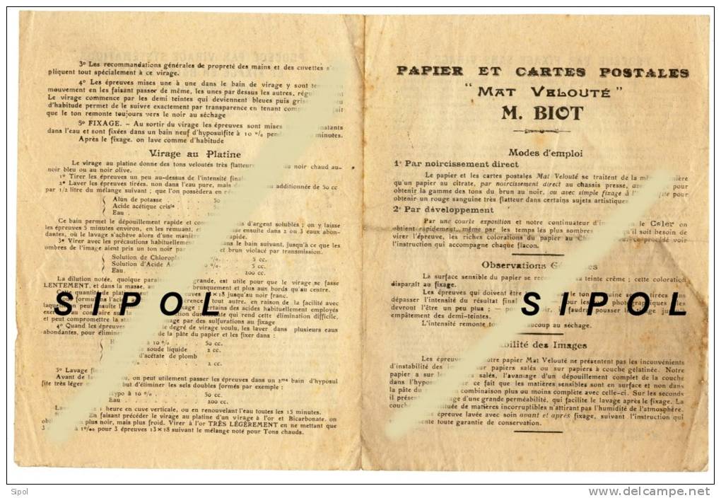 Papier Et Cartes Postales " Mat Velouté M.Biot " 2 Pages De Mode D Emploi - Supplies And Equipment