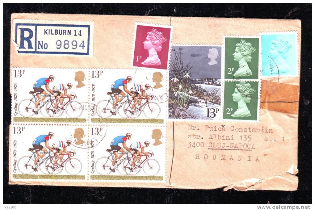 REGISTRED COVER 1969 FROM ENGLAND TO ROMANIA.NICE FRANKING BIKE STAMPS!. - Lettres & Documents