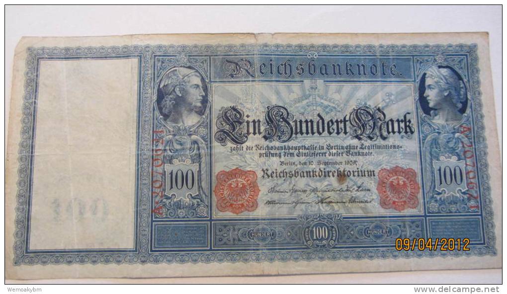 Reichsbanknote "Ein Hundert Mark" Berlin, Den 10. September 1909 Nr. A 2070621 - 100 Mark