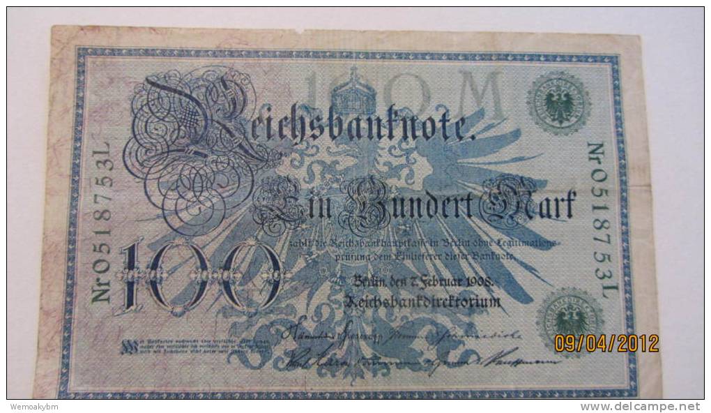 Reichsbanknote "Ein Hundert Mark" Berlin, Den 7. Februar1908  Nr. 0518753 L - 100 Mark