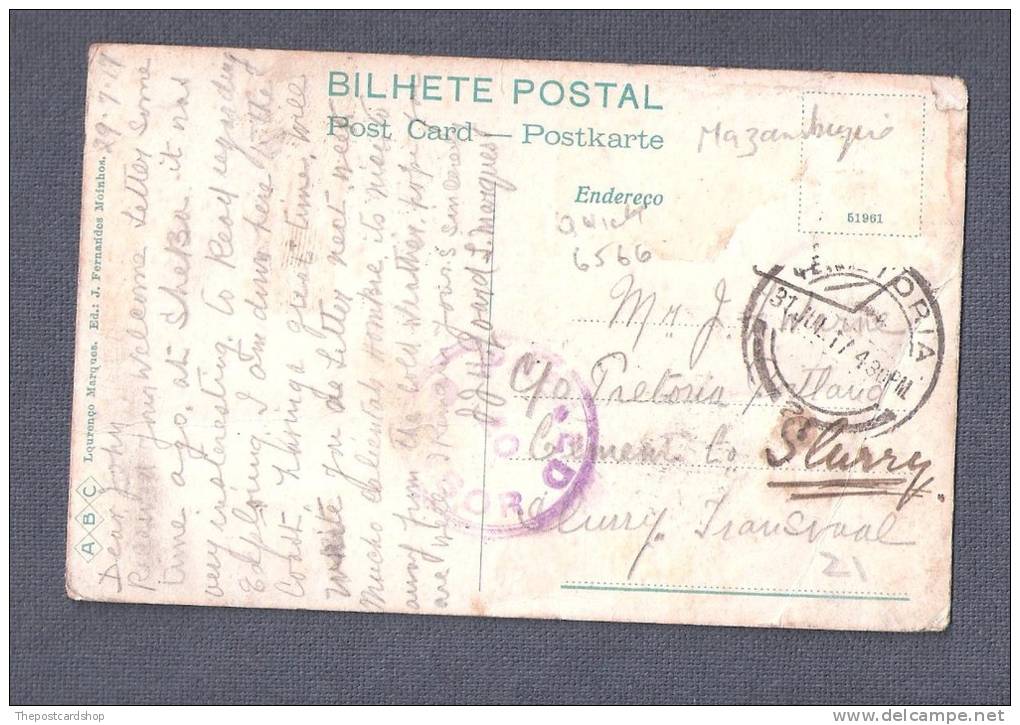 Lourenço Marques Marraquene MOZAMBIQUE MILITARY CENSOR POSTMARK TO SOUTH AFRICA 1917 OR 1919 - Mozambique