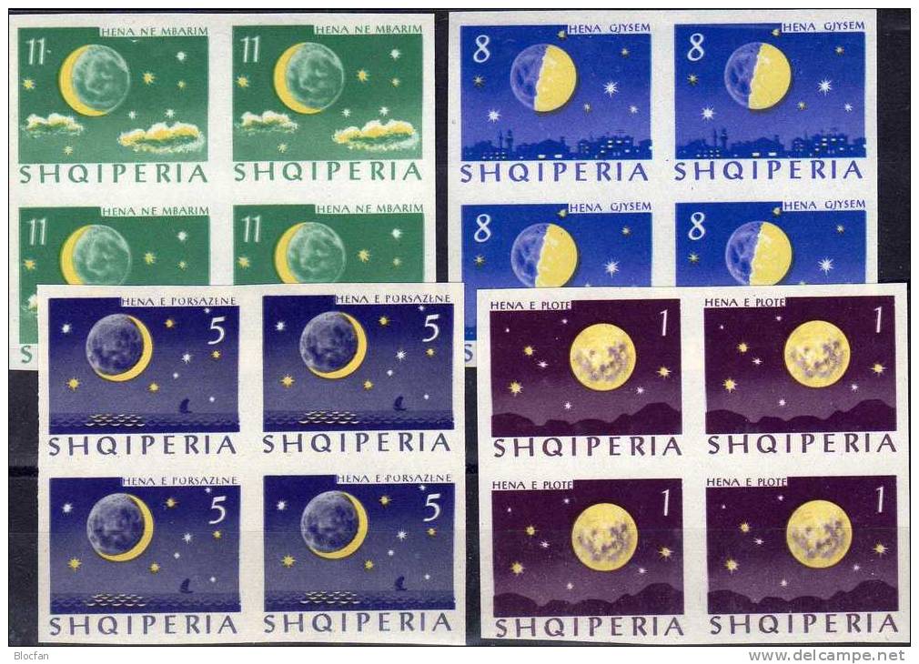 Der Mond über Stadt Shilhoulette Weltall 1964 Albanien 844/7B 4-Block ** 72€ Mond-Phasen Kosmos Space Sheet Bf Shqiperia - Sammlungen