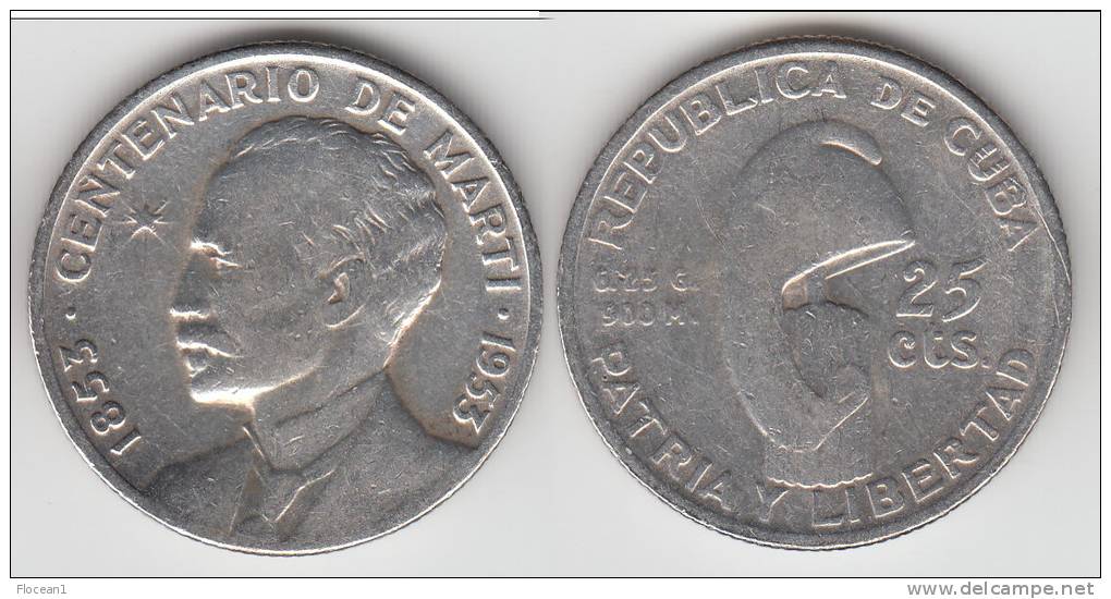 **** CUBA - 25 CENTAVOS 1953 BIRTH OF JOSE MARTI - ARGENT - SILVER **** EN ACHAT IMMEDIAT !!! - Kuba