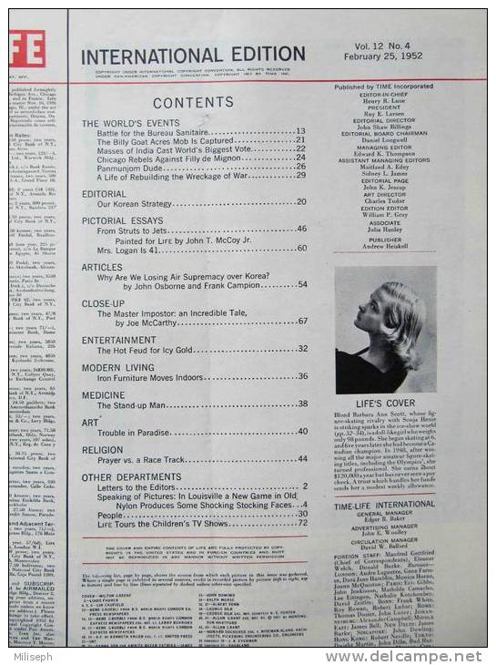 Magazine LIFE - FEBUARY 25 , 1952 -  INTERNATIONAL EDITION          (3001) - Novedades/Actualidades