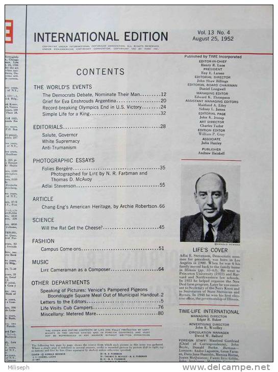 Magazine LIFE - AUGUST 25 , 1952 -  INTERNATIONAL EDITION     (3003) - Nouvelles/ Affaires Courantes