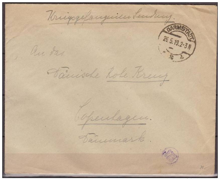 Deutschland, 1919, Prisoner Of War Mail, From Darmstadt To Danish Red Cross Kopenhagen With Censor Marks - WO1