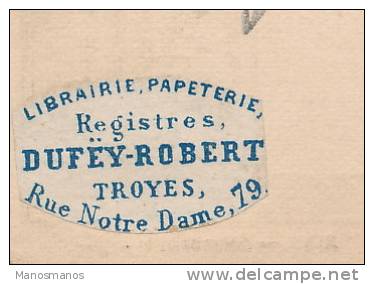 451/20 - Carte Précurseur TP Sage TROYES ( Aube) 1877 - Vignette Librairie Papeterie Dufey-Robert - Cartes Précurseurs