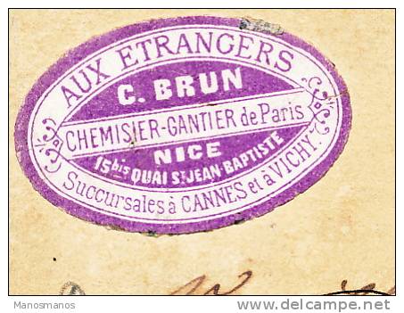 452/20 - Carte Précurseur TP Sage NICE 1876 - Vignette Chemisier-Gantier C. Brun - Aux Etrangers - Cartes Précurseurs