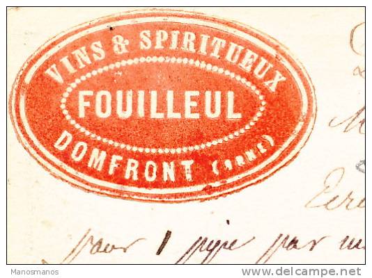 454/20 - Carte Précurseur TP Cérès DOMFRONT (Orne) 1876 - Vignette Vins Et Spiritueux Fouilleuil - Cartes Précurseurs