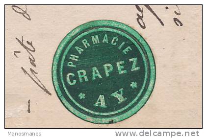 455/20 - Carte Précurseur TP Cérès AY CHAMPAGNE 1876 - Vignette Pharmacie Crapez - Cartes Précurseurs