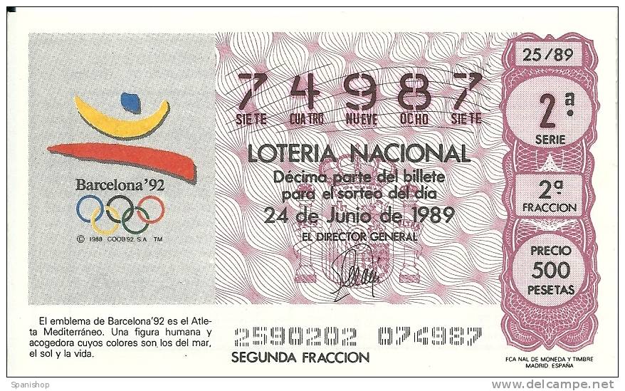 Spain Lottery Ticket  JJOO Barcelona 92 - Spain 1992 Olympic Games - Lottery Tickets