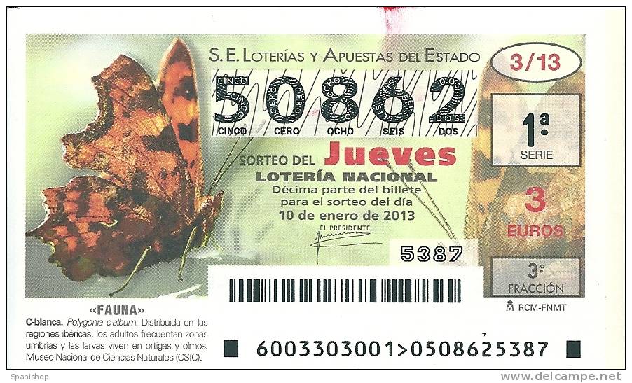 Spain Lottery Ticket Animal Fauna Butterfly Papillon   " C Blanca " - Lottery Tickets