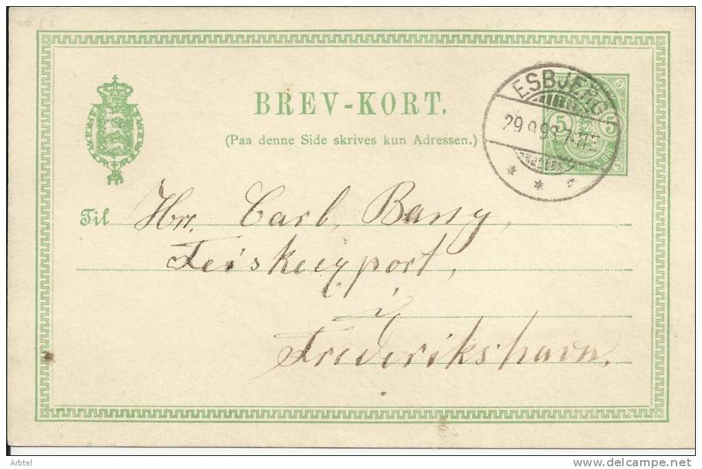 DINAMARCA 1893 ENTERO POSTAL DE ESBJERG AL DORSO MAT FREDERIKSHAVN - Ganzsachen