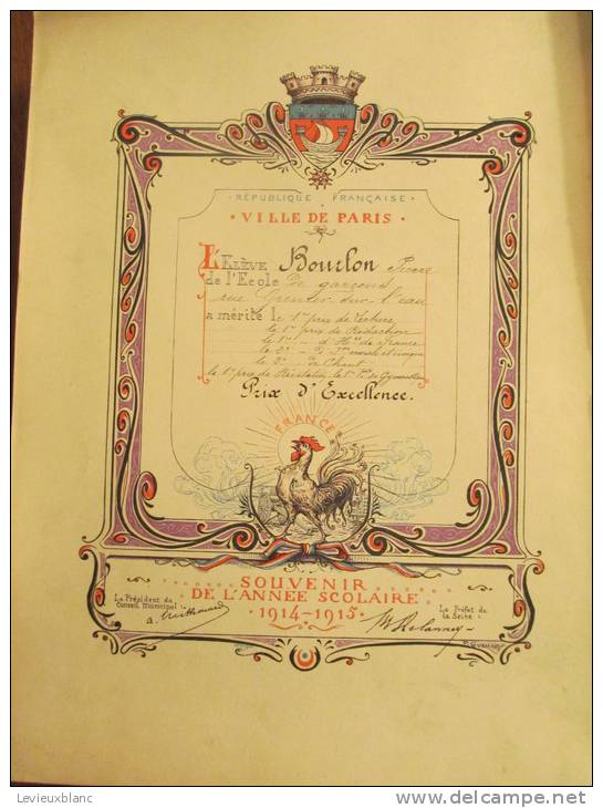 République Française/Ville De Paris/Prix D'Excellence/ Année Scolaire 1914-1915     DIP17 - Diplome Und Schulzeugnisse