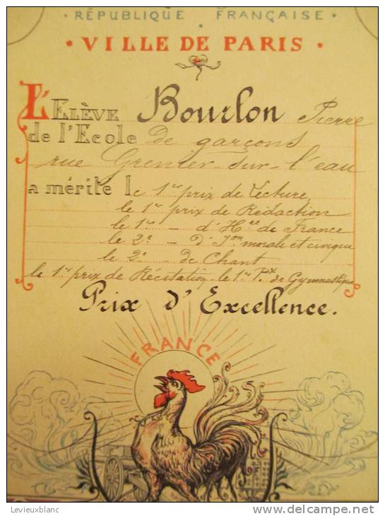 République Française/Ville De Paris/Prix D'Excellence/ Année Scolaire 1914-1915     DIP17 - Diploma & School Reports