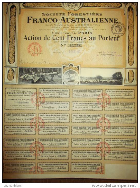 Société Forestiere Franco-Australienne/ Action De 100 Francs Au Porteur/Paris/Royer/nancy/1921       ACT27 - Automobile