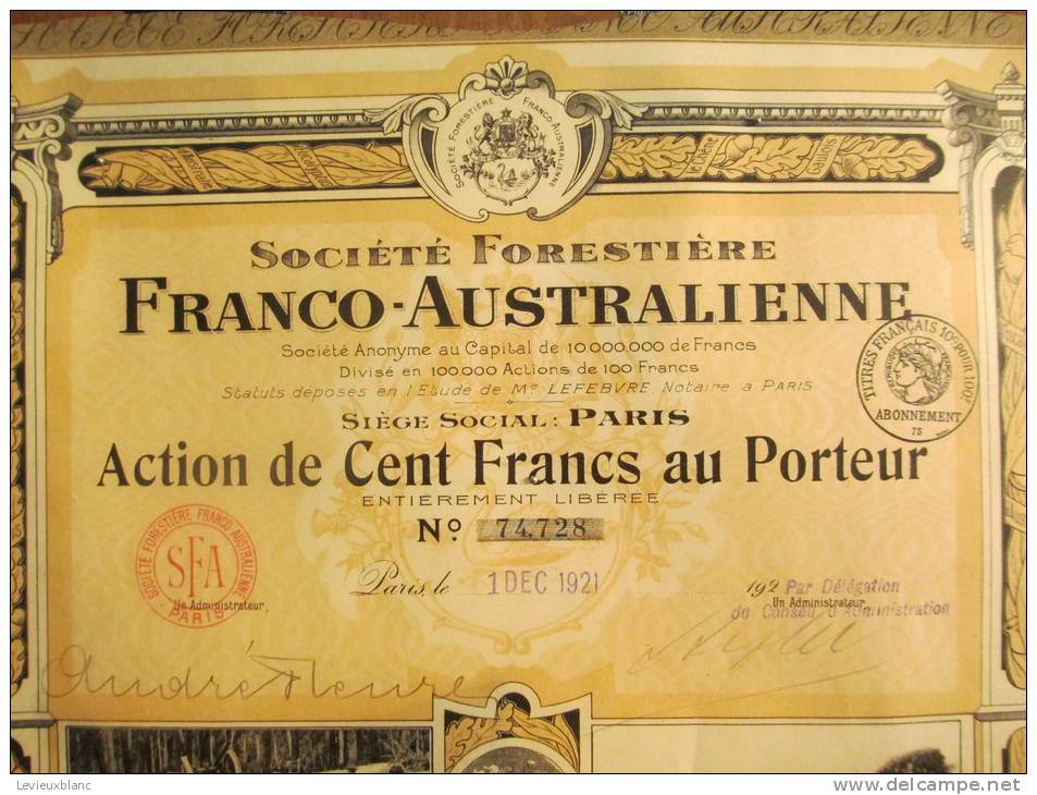 Société Forestiere Franco-Australienne/ Action De 100 Francs Au Porteur/Paris/Royer/nancy/1921       ACT27 - Automobile