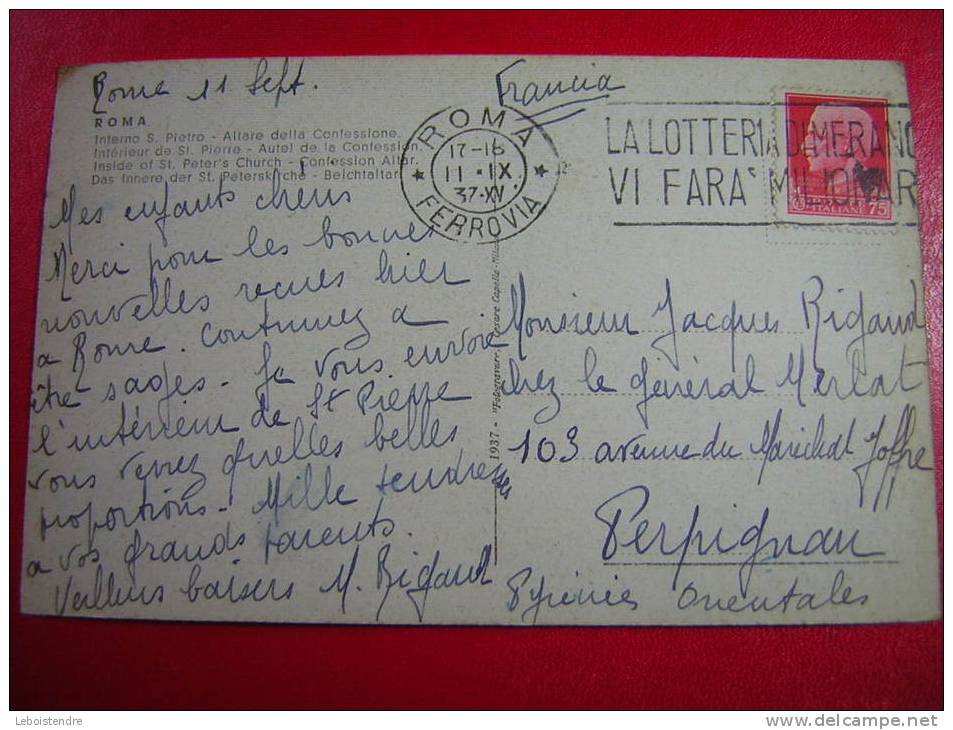 CPA  ITALIE  ROME  ROMA  INTERIEUR DE ST PIERRE  AUTEL DE LA CONFESSION  VOYAGEE 1937 TIMBRE CACHET ET FLAMME - San Pietro