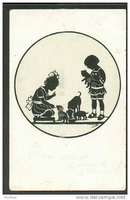 CHILDREN  WITH DOG  BY  KASKELINE , OLD POSTCARD - Kaskeline