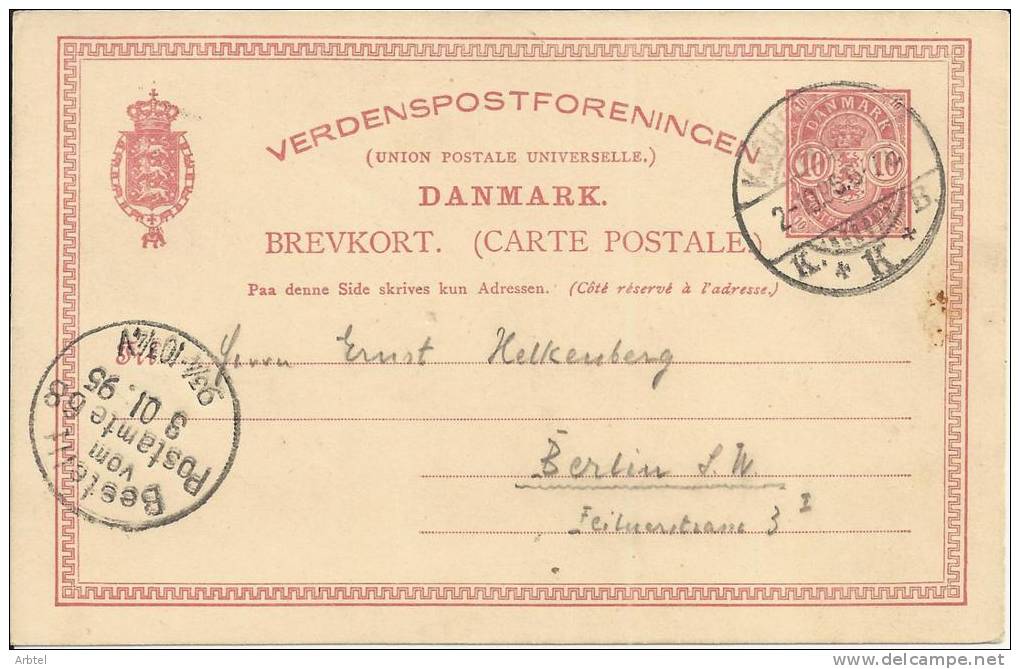 DINAMARCA ENTERO POSTAL1895 KOBENHAVN A BERLIN - Ganzsachen