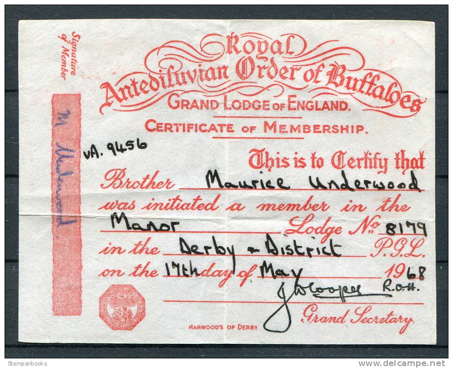 1968 Royal Antediluvian Order Of Buffaloes Manor Lodge Derby Membershire Certificate - Historische Dokumente