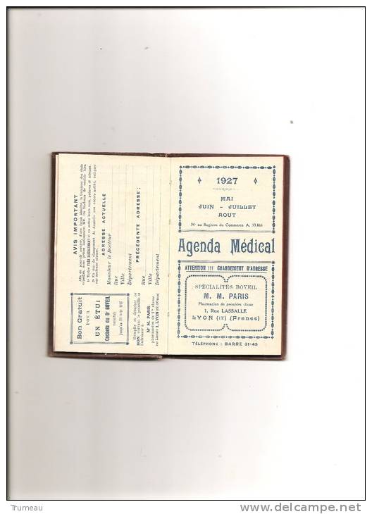 AGENDA MEDICAL-M.PARIS-LYON-MAI JUIN JUILLET AOUT 1927 PAGES MANQUANTES MAI ET PREMIERE PAGES DE JUIN UTILISEES ! - Agenda Vírgenes