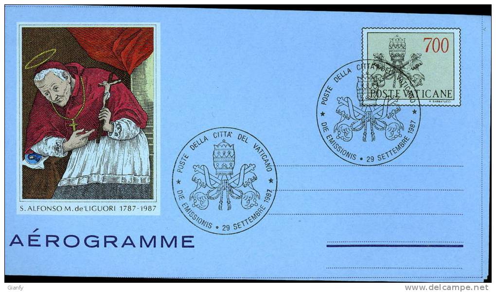 AEROGRAMMA VATICANO S. ALFONSO MARIA DE LIGUORI 700 L 1987 FDC - Entiers Postaux