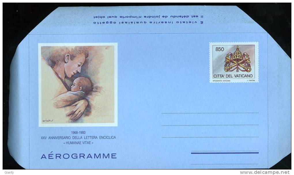 AEROGRAMMA VATICANO HUMANAE VITAE 850 L 1993 - Entiers Postaux