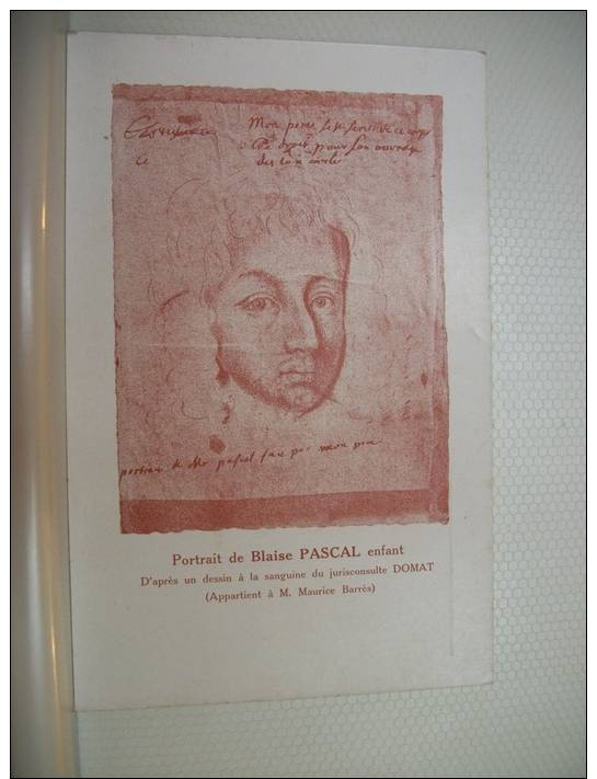 PORTRAIT DE BLAISE PASCAL ENFANT D'APRES UN DESSIN A LA SANGUINE DE DOMAT (EDITION PAUL VALLIER CLERMONT FERRAND ) - Personaggi Storici