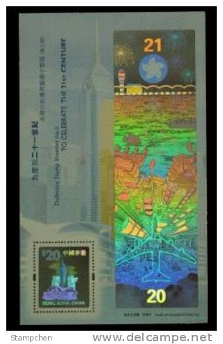 2000 Hong Kong Celebrate 21st Century Stamp S/s $20 Hologram Airport Plane Architecture Ship Boat Fireworks Port Unusual - Unclassified