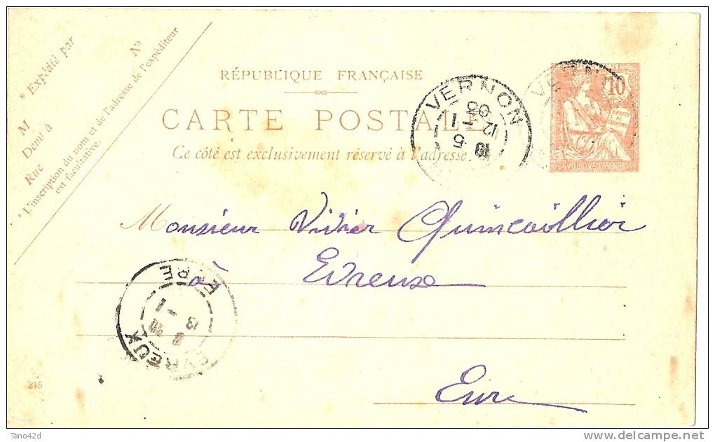 LRD3 - EP CP TYPE MOUCHON RETOUCHE 10c VERNON / EVREUX JANVIER 1903 - Cartoline Postali E Su Commissione Privata TSC (ante 1995)