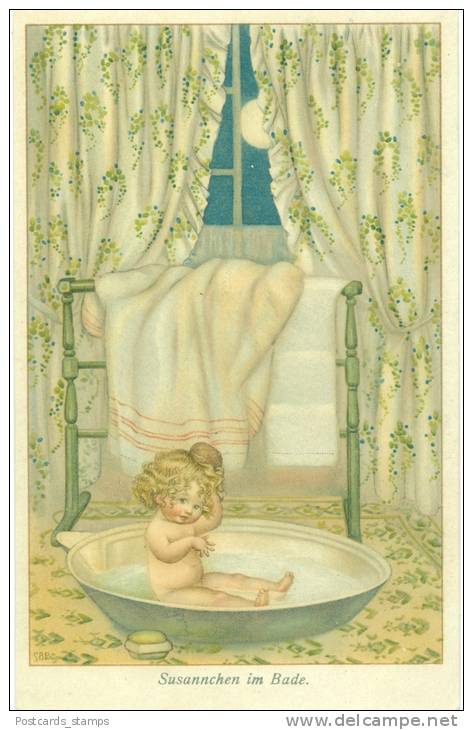 Mädchen In Der Badewanne, "Susannchen Im Bade", Farb-Litho, 1921 - Cartoline Umoristiche