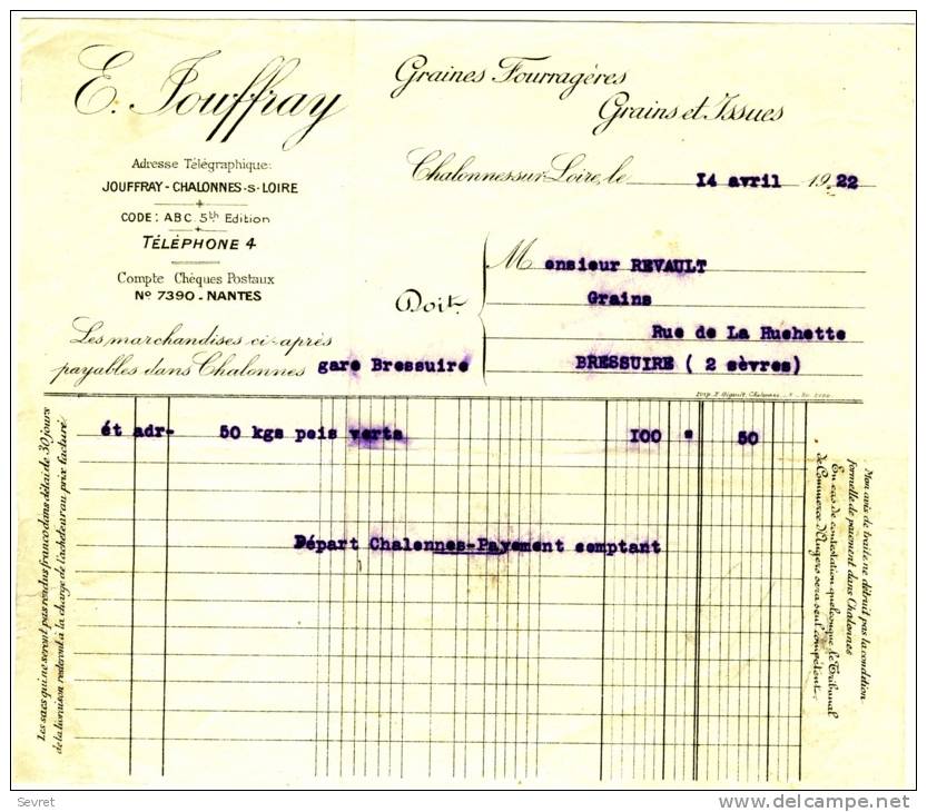 CHALONNES Sur LOIRE - Maine Et Loire - E JOUFFRAY  - Grains Et Issues , GrainesFourragèresrais. - Agricultura