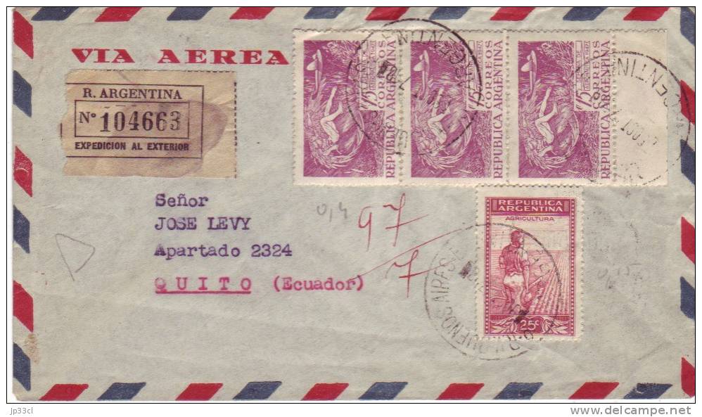 Lettre Recommandée De Buenos Aires à Quito (cachet D'arrivée Au Dos) Du 8 Oct 1947 Avec 3 Timbres Aeronautica 1947 - Lettres & Documents