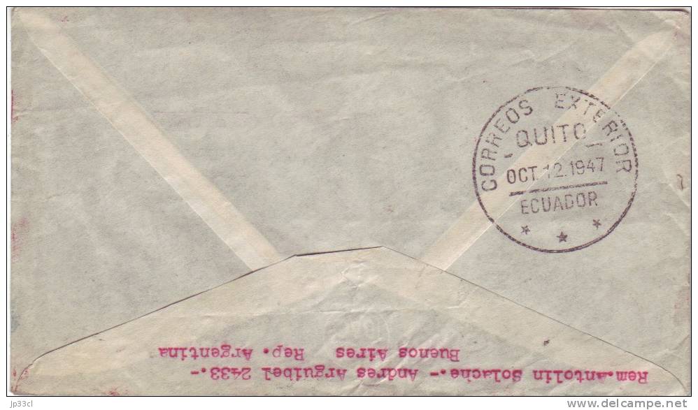 Lettre Recommandée De Buenos Aires à Quito (cachet D'arrivée Au Dos) Du 8 Oct 1947 Avec 3 Timbres Aeronautica 1947 - Lettres & Documents