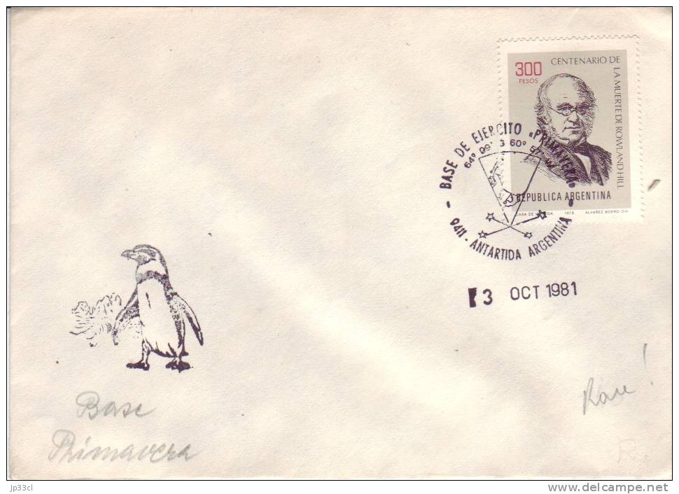Pingouin Sur Lettre De Base De Ejercito (armée) Primavera, Antartida (Antarctique) Du 3/10/1981 Avec Timbre Rowland Hill - Storia Postale
