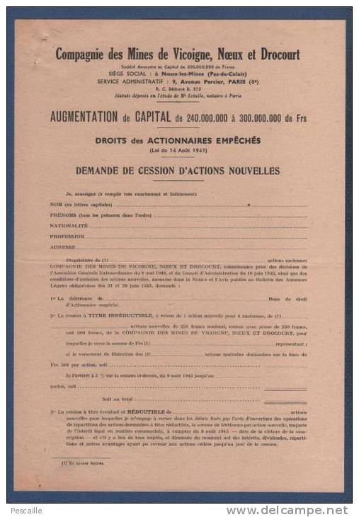 62 PAS DE CALAIS - COMPAGNIE DES MINES DE VICOIGNE NOEUX & DROCOURT / NOEUX LES MINES - DEMANDE CESSION D'ACTIONS - 1943 - Documents Historiques