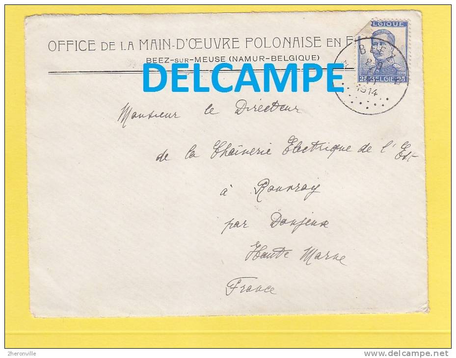 Enveloppe Ancienne - BEEZ Sur MEUSE - Office De La Main D´Oeuvre Polonaise En Belgique - 1914 - Pologne Polska - 1900 – 1949