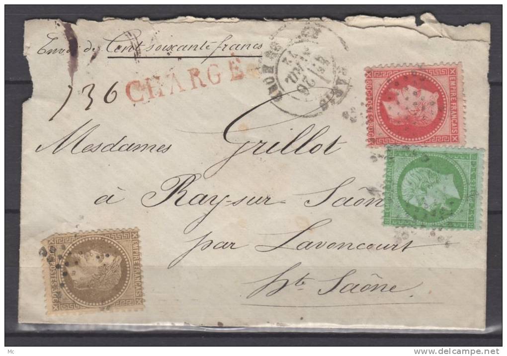 France  1869 N°20 , 30 Avec Def Et 32 A  Obl.S/ Lettre  Paris A Destination De Ray Sur Saône + Chargé - 1863-1870 Napoléon III Lauré