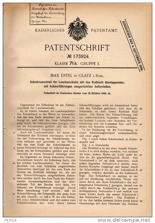 Original Patentschrift - Max Ertel In Glatz / Klodzko I. Schl., 1904, Verschluß Für Schuhe , Schnürsenkel , Schumacher ! - Shoes