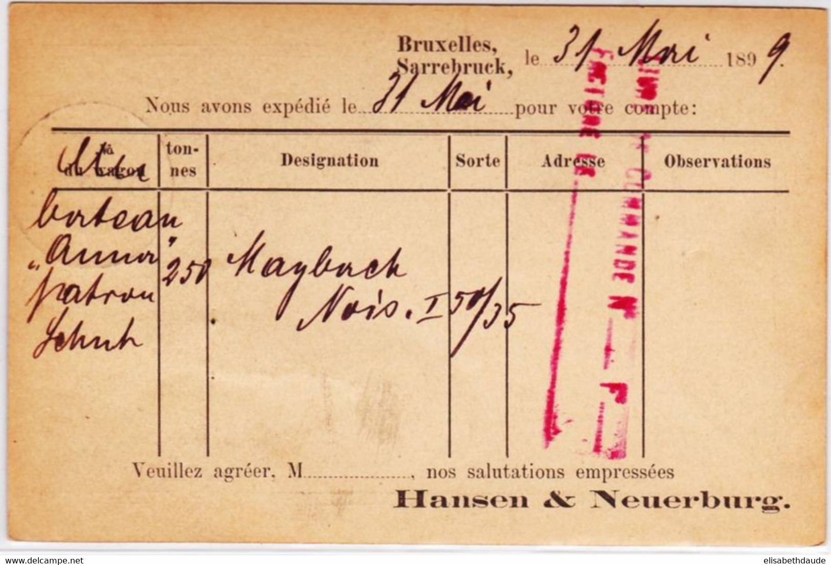 REICH / BELGIQUE - 1899 - CARTE ENTIER POSTAL Avec REPIQUAGE PRIVE "HANSEN" De SARREBRUCK Et BRUXELLES - Variedades/Curiosidades