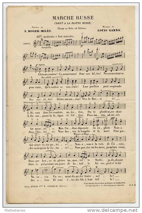 LIVRET DE PARTITION "MARCHE RUSSE" DE LOUIS GANNE PUBLIEE A L'OCCASION DE LA VISITE A PARIS EN 1894 DU TSAR NICOLAS II - Chant Chorale