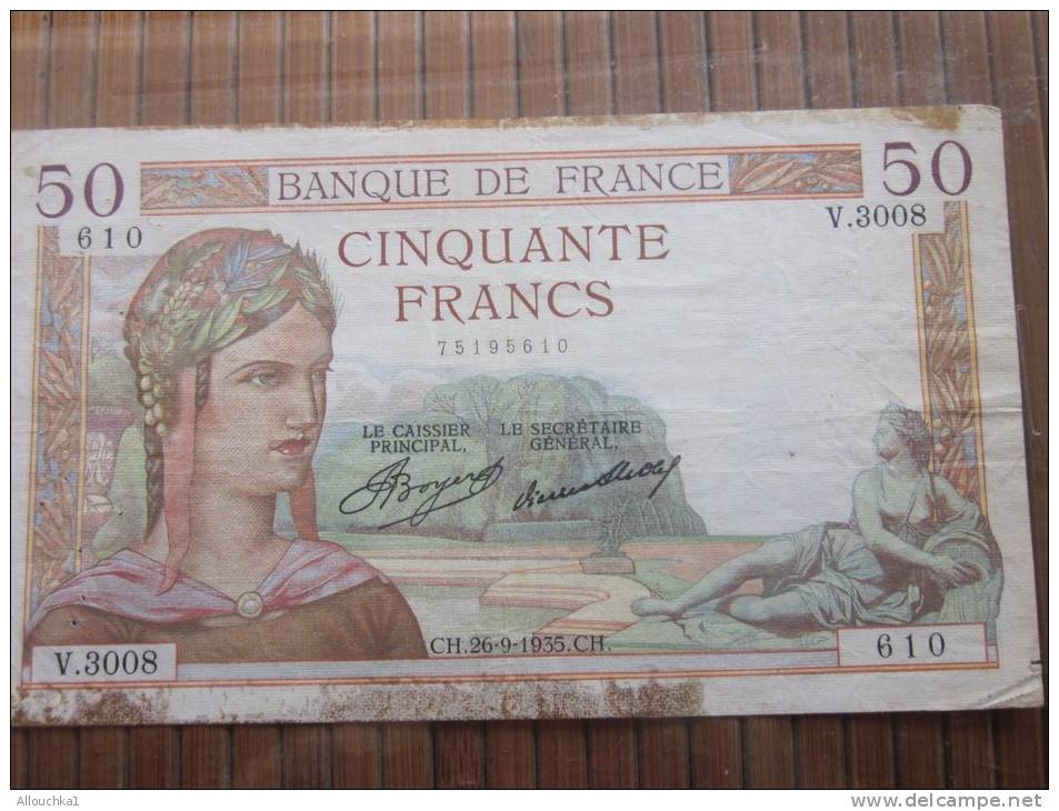 50 Francs Cérès(chât Versailles)Design Mercure Clém.Serveau,E. Deloche Billet De La Banque De France CH. 26/9/1935.CH - 50 F 1934-1940 ''Cérès''