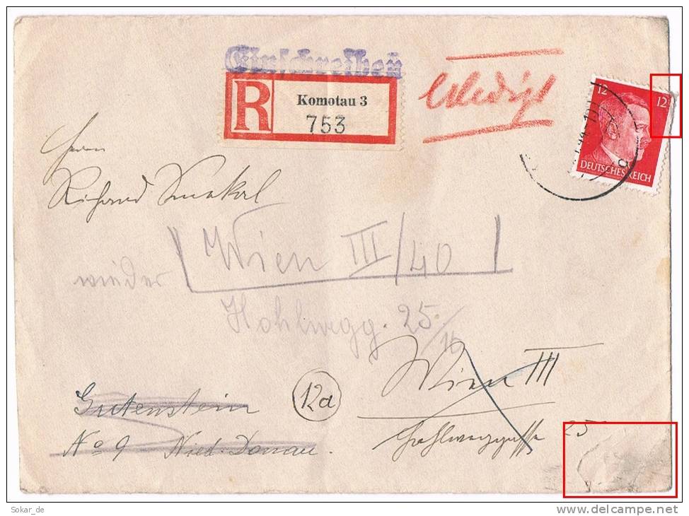 Brief Einschreiben Komotau - Wien - Gutenstein - Wien 1944 - Lettres & Documents