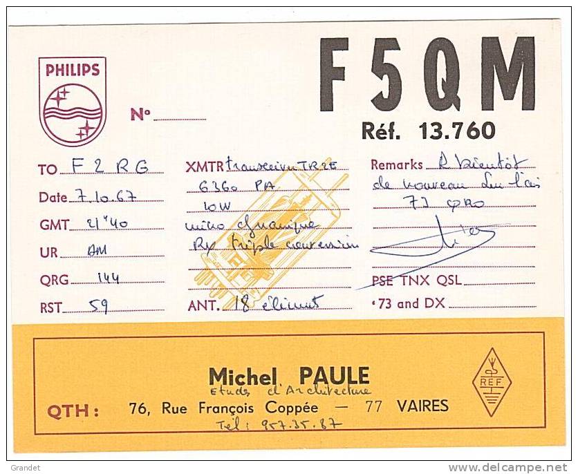 CARTE RADIO QSL - VAIRES  - 1967 - PHILIPS - 77. - Amateurfunk