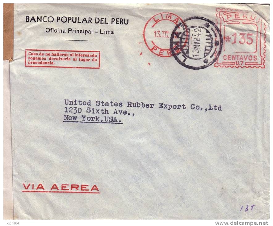 GUERRE 39-45 - PEROU - CENSURE EXAMINED BY 3910 - LETTRE POUR NEW YORK EN 1942. - Peru