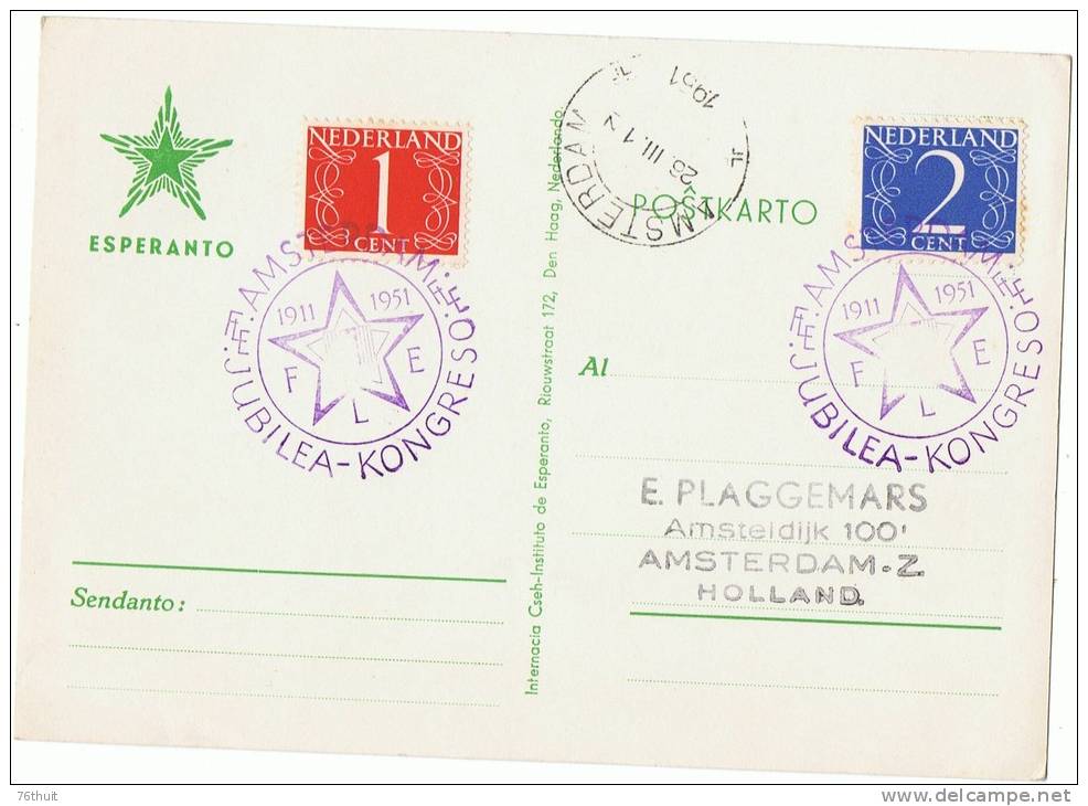 26/3/1951 - Carte - Esperanto - JUBILEA KONGRESO - Amsterdam - Yvert Et Tellier N° 457-458 - Esperanto